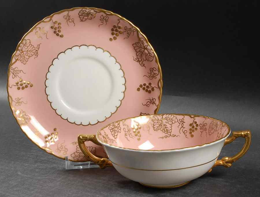 Vine Pink (Salmon, No Floral Center) Footed Cream Soup Bowl & Saucer Set by Royal Crown Derby-1