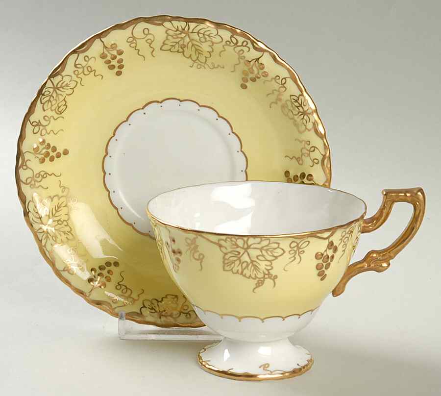 Vine Yellow (Gold Leaves & Vine) Footed Cup & Saucer Set by Royal Crown Derby-1