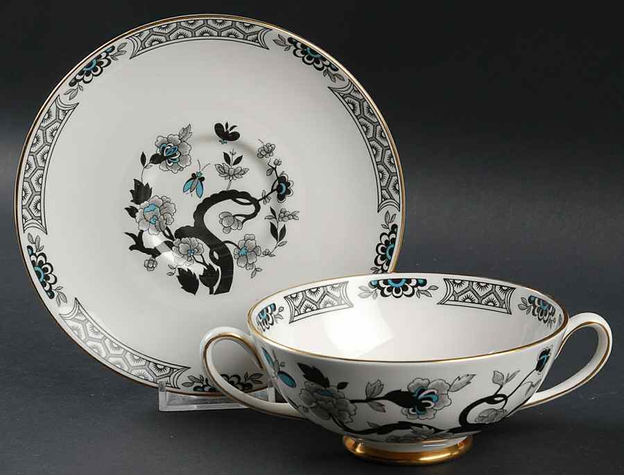 Black Mandarin Footed Cream Soup Bowl & Saucer Set by Royal Chelsea-1