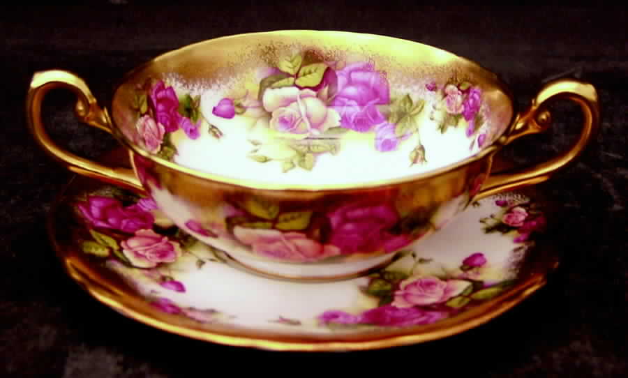 Golden Rose (Brushed Gold) Footed Cream Soup Bowl & Saucer Set by Royal Chelsea-1