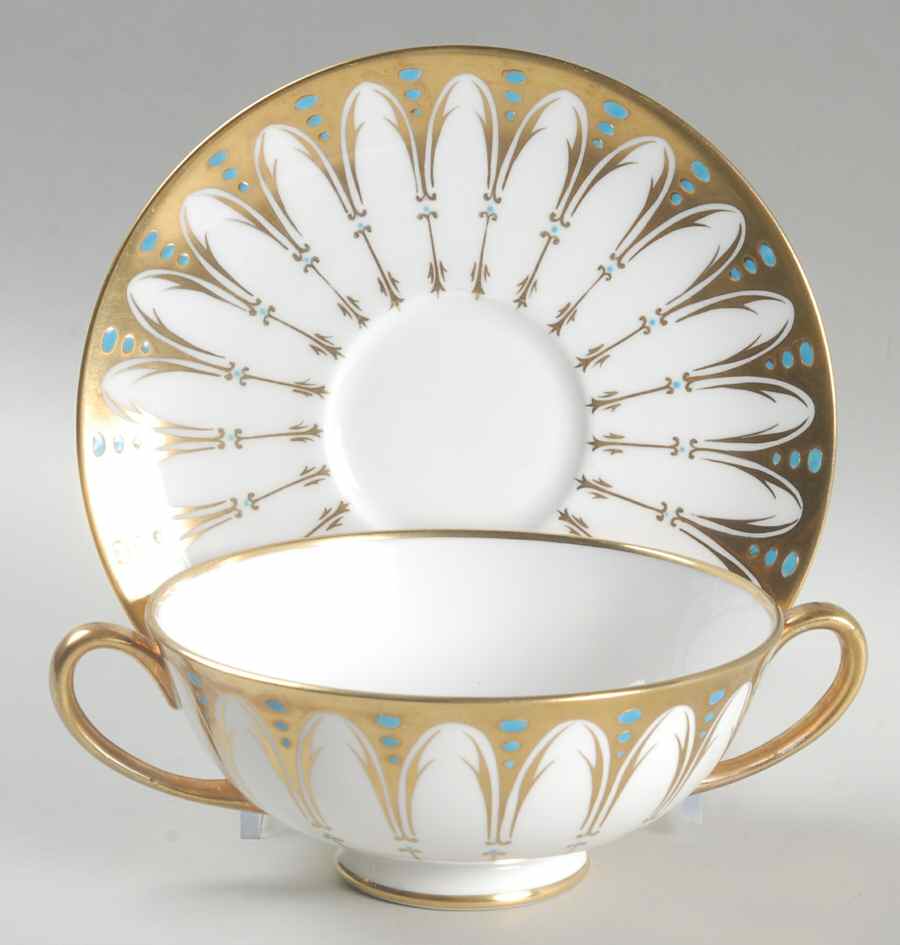 Gothic Footed Cream Soup Bowl & Saucer Set by Royal Chelsea-1