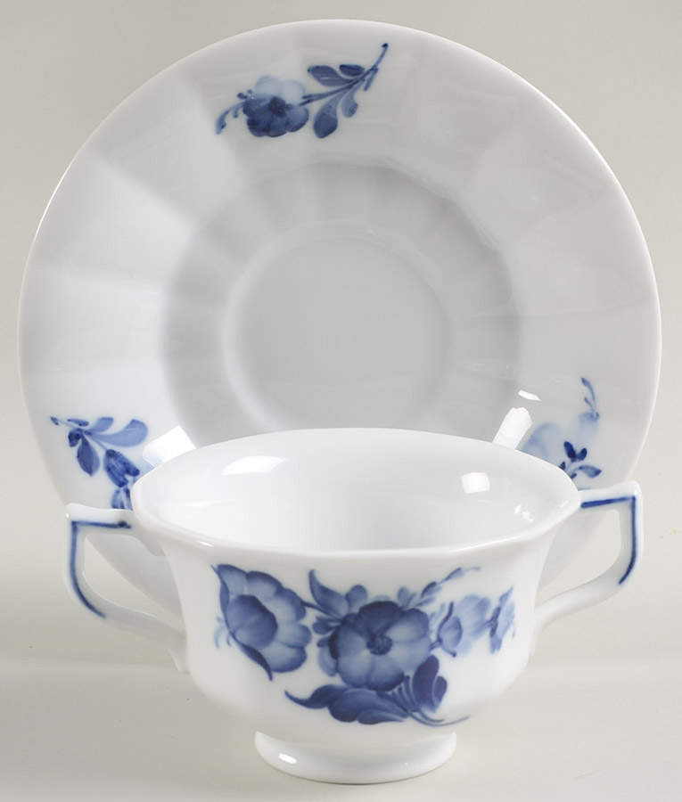 Blue Flowers Footed Bouillon Cup & Saucer by Royal Copenhagen-1