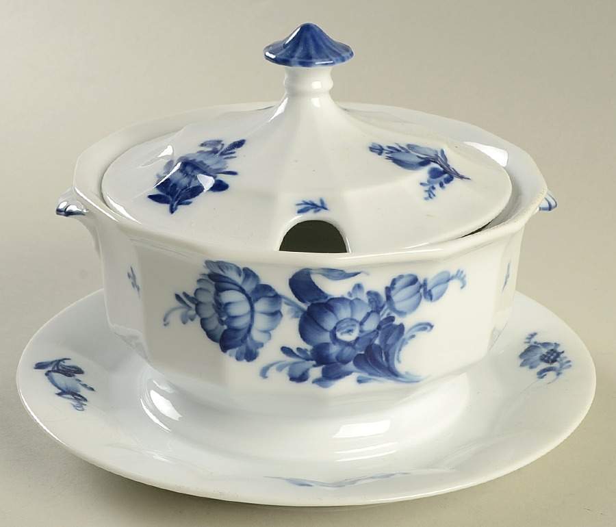 Blue Flowers Sauce Boat with Attached Underplate & Lid by Royal Copenhagen-1