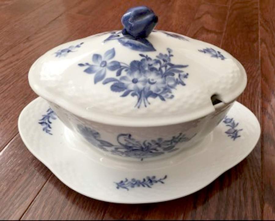 Blue Flowers Braided Sauce Boat with Attached Underplate & Lid by Royal Copenhagen-1