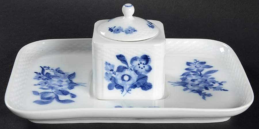 Blue Flowers Braided Ink Pot with Lid and Ink Underplate by Royal Copenhagen-1
