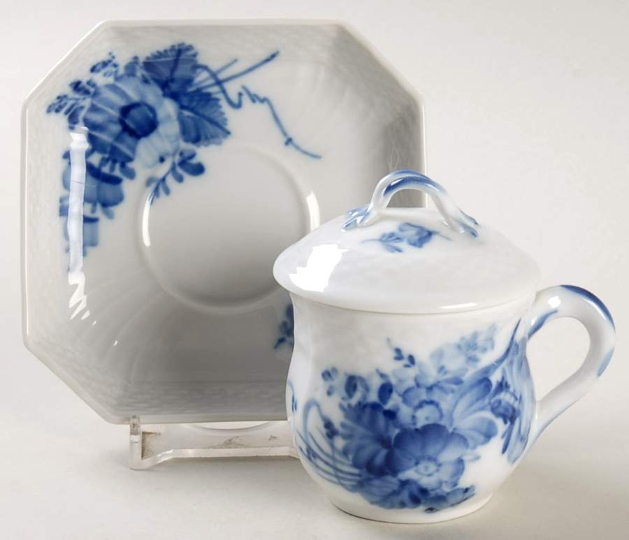 Blue Flowers Braided Custard & Saucer Set with Lid by Royal Copenhagen-1