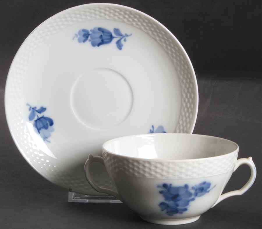 Blue Flowers Braided Flat Bouillon Cup & Saucer by Royal Copenhagen-1