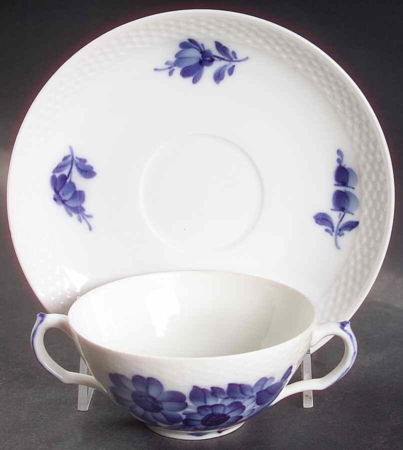 Blue Flowers Braided Flat Bouillon Cup & Saucer by Royal Copenhagen-1