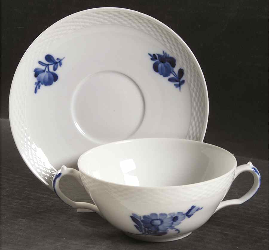 Blue Flowers Braided Flat Cream Soup Bowl & Saucer Set by Royal Copenhagen-1