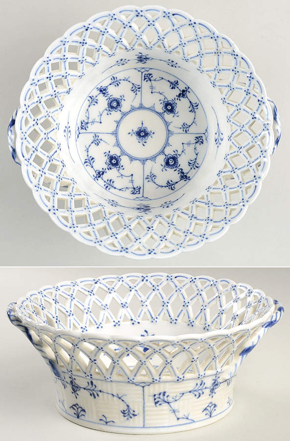 Blue Fluted Full Lace (No Trim) 9" Open Weave Fruit Basket by Royal Copenhagen-1
