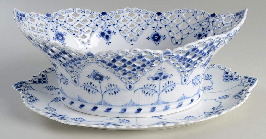 Blue Fluted Full Lace (No Trim) Oval Fruit Basket and Stand by Royal Copenhagen-1