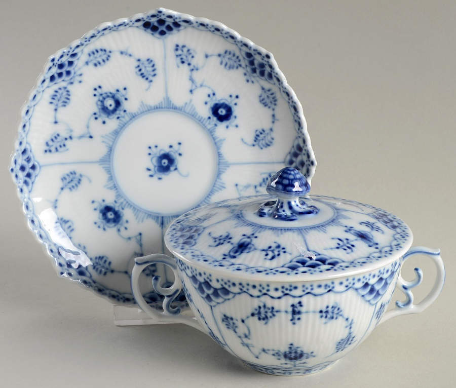 Blue Fluted Full Lace (No Trim) Cream Soup Bowl & Saucer Set with Lid by Royal Copenhagen-1
