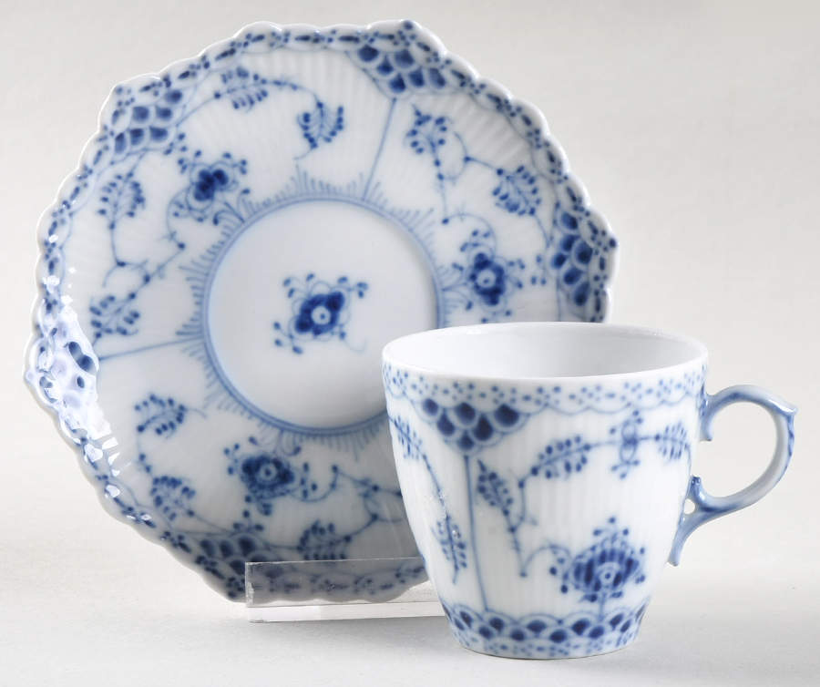 Blue Fluted Full Lace (No Trim) Flat Demitasse Cup & Saucer Set by Royal Copenhagen-1