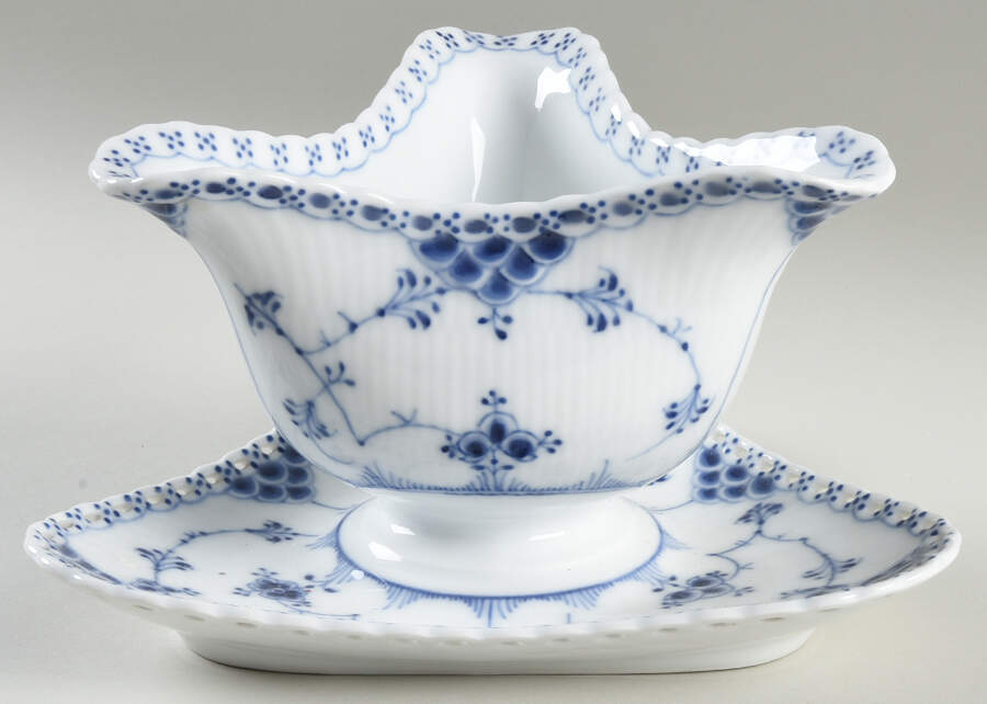 Blue Fluted Full Lace (No Trim) Gravy Boat with Attached Underplate by Royal Copenhagen-1