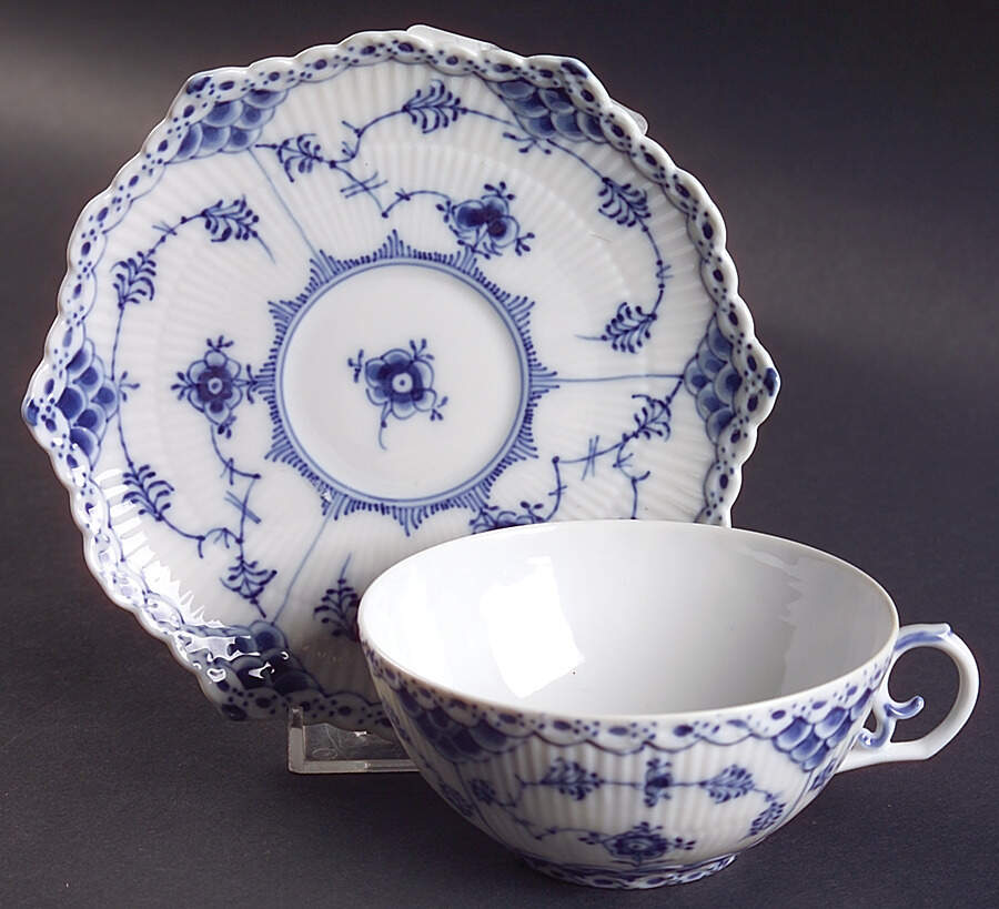 Blue Fluted Full Lace (No Trim) Flat Cup & Saucer Set by Royal Copenhagen-1