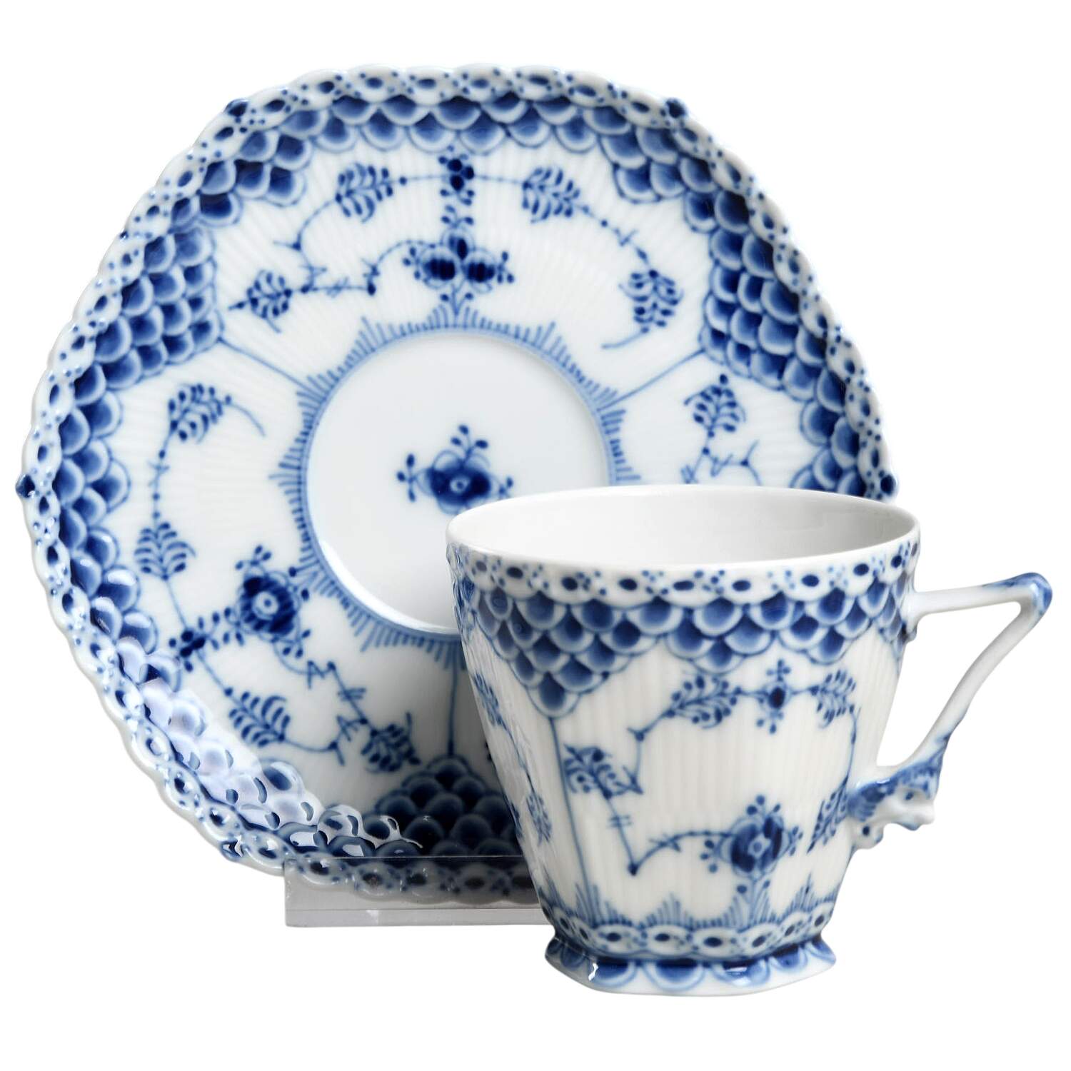 Blue Fluted Full Lace (No Trim) Footed Cup & Saucer Set by Royal Copenhagen-1