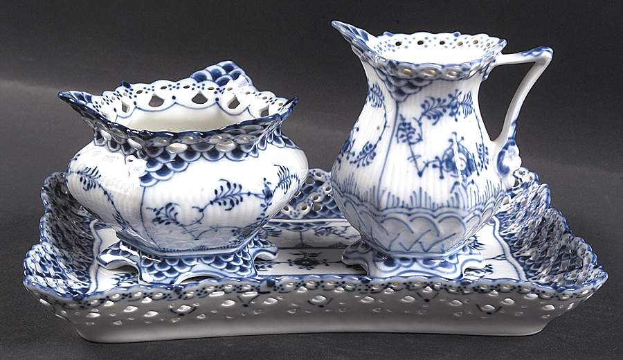 Blue Fluted Full Lace (No Trim) Creamer & Open Sugar with Tray by Royal Copenhagen-1
