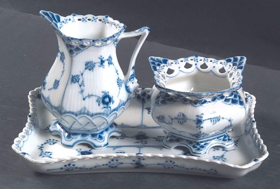 Blue Fluted Full Lace (No Trim) Creamer & Open Sugar with Tray by Royal Copenhagen-1