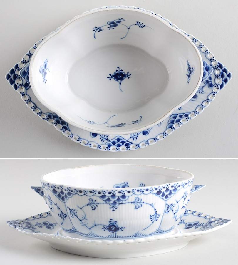 Blue Fluted Full Lace (No Trim) Gravy Boat w/Attached Underplate No Lid by Royal Copenhagen-1