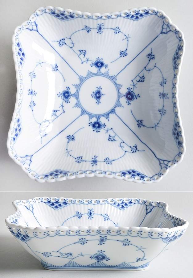 Blue Fluted Full Lace (No Trim) 8" Square Vegetable Bowl by Royal Copenhagen-1