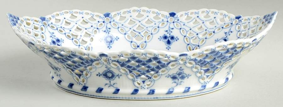 Blue Fluted Full Lace (No Trim) 11" Oval Open Weave Basket by Royal Copenhagen-1
