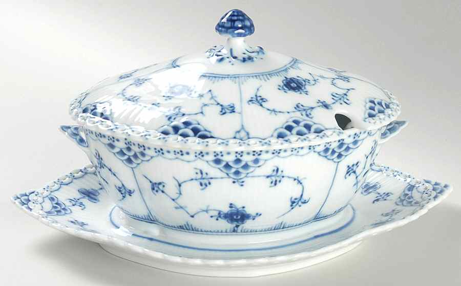 Blue Fluted Full Lace (No Trim) Gravy Boat w/Attached Underplate & Lid by Royal Copenhagen-1
