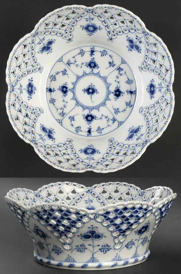 Blue Fluted Full Lace (No Trim) Large Rnd Fruit Basket & Stand, Basket Only by Royal Copenhagen-1