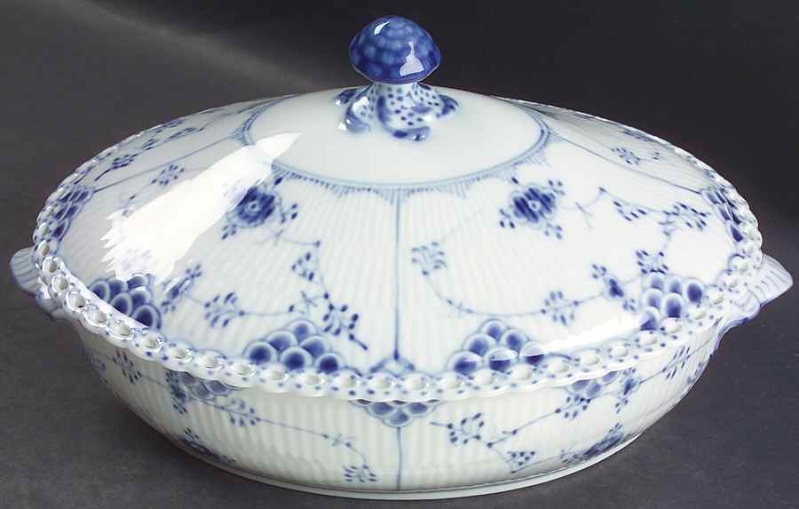 Blue Fluted Full Lace (No Trim) Oval Covered Vegetable by Royal Copenhagen-1