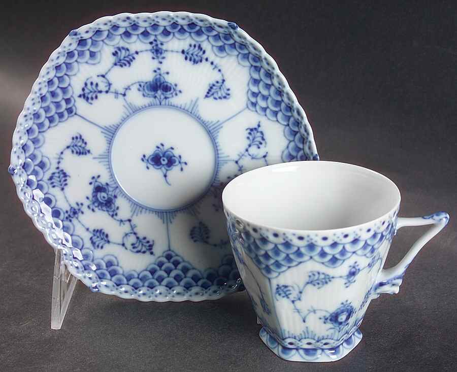 Blue Fluted Full Lace (No Trim) Footed Cup & Saucer Set by Royal Copenhagen-1