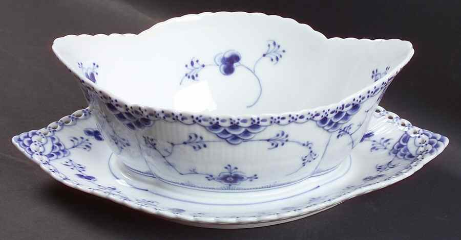 Blue Fluted Full Lace (No Trim) Gravy Boat with Attached Underplate by Royal Copenhagen-1