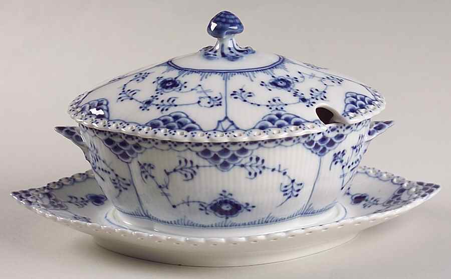 Blue Fluted Full Lace (No Trim) Gravy Boat w/Attached Underplate & Lid by Royal Copenhagen-1