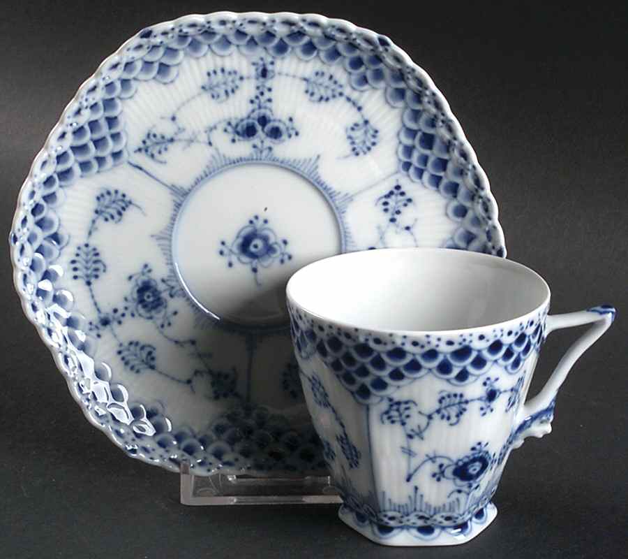 Blue Fluted Full Lace (No Trim) Footed Cup & Saucer Set by Royal Copenhagen-1