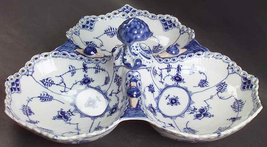 Blue Fluted Full Lace (No Trim) 3 Section Hors d'Oeuvre by Royal Copenhagen-1