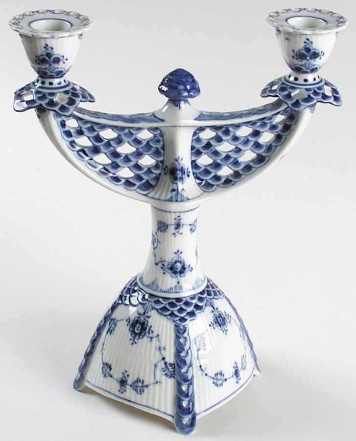 Blue Fluted Full Lace (No Trim) 2 Light Candelabra by Royal Copenhagen-1