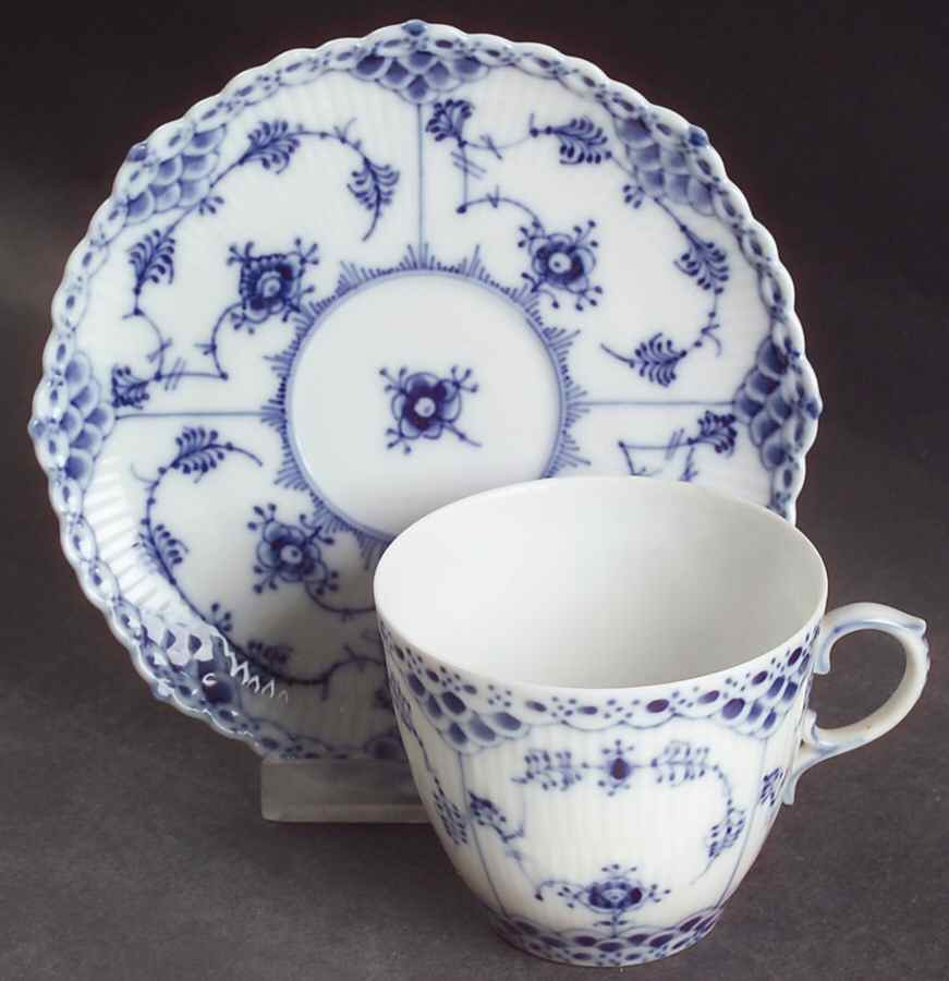 Blue Fluted Full Lace (No Trim) Flat Cup & Saucer Set by Royal Copenhagen-1