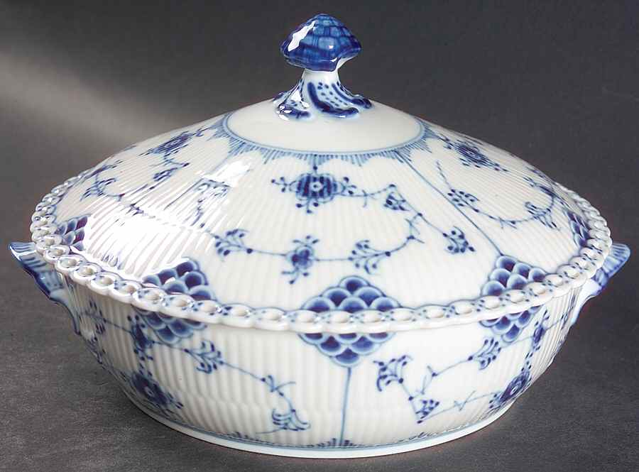 Blue Fluted Full Lace (No Trim) Round Covered Vegetable by Royal Copenhagen-1