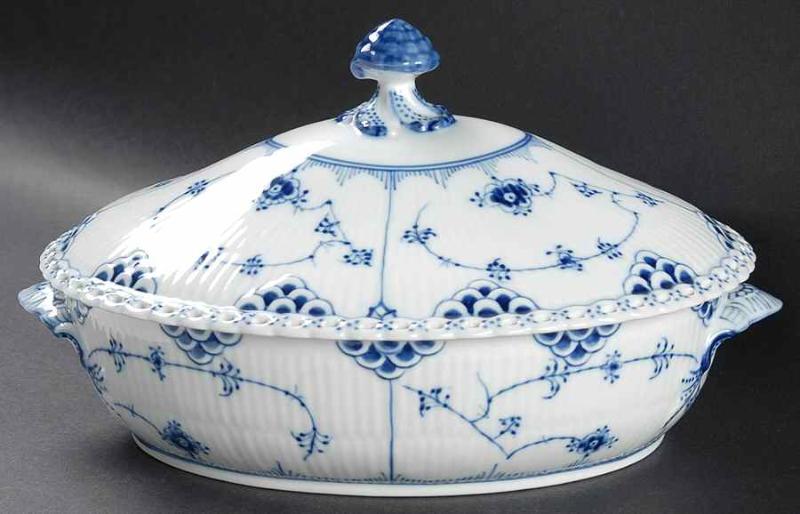 Blue Fluted Full Lace (No Trim) Oval Covered Vegetable by Royal Copenhagen-1