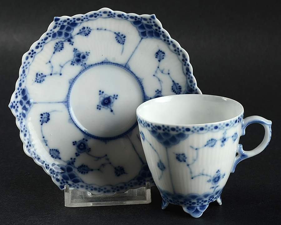 Blue Fluted Full Lace (No Trim) Footed Demitasse Cup & Saucer Set by Royal Copenhagen-1