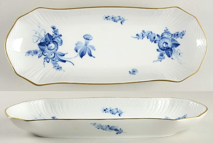 Blue Flowers (Curved, Gold) Oblong Cake Plate by Royal Copenhagen-1