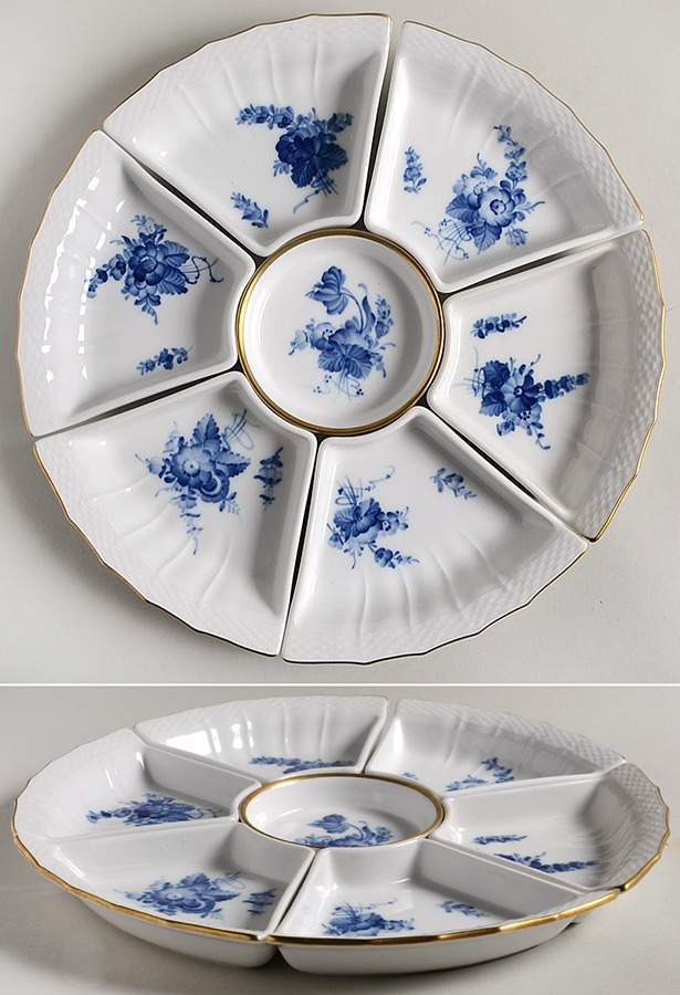 Blue Flowers (Curved, Gold) 7 Piece Lazy Susan (6 Side and 1 Center Section) by Royal Copenhagen-1