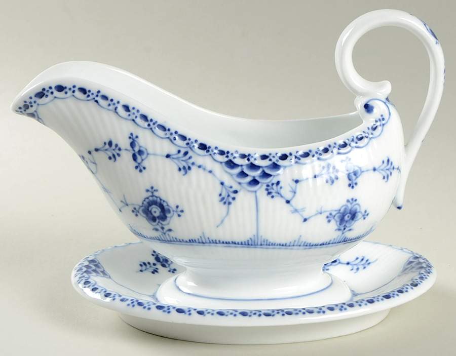 Blue Fluted Half Lace Border (No Trim) Gravy Boat with Attached Underplate by Royal Copenhagen-1