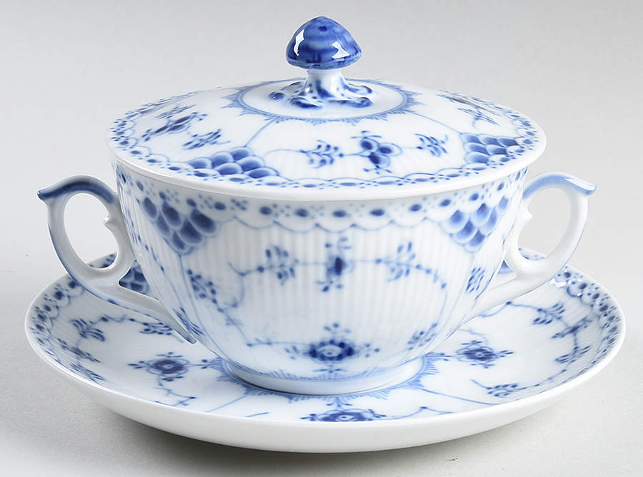 Blue Fluted Half Lace Border (No Trim) Flat Cream Soup Bowl & Saucer Set with Lid by Royal Copenhagen-1