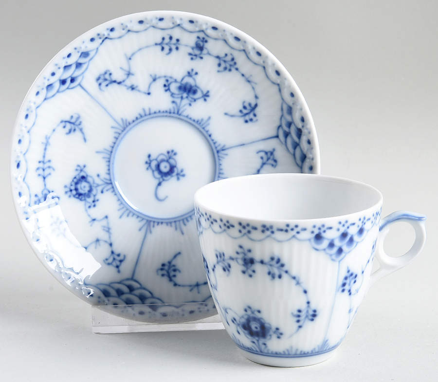 Blue Fluted Half Lace Border (No Trim) Flat Cup & Saucer Set by Royal Copenhagen-1