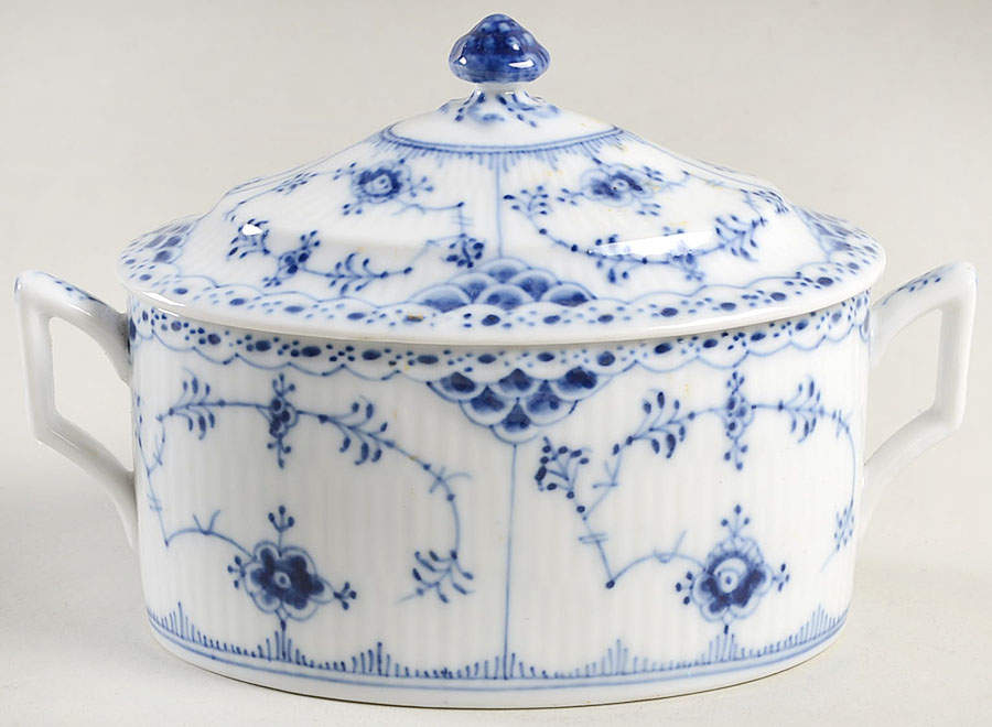 Blue Fluted Half Lace Border (No Trim) Sugar Bowl & Lid by Royal Copenhagen-1
