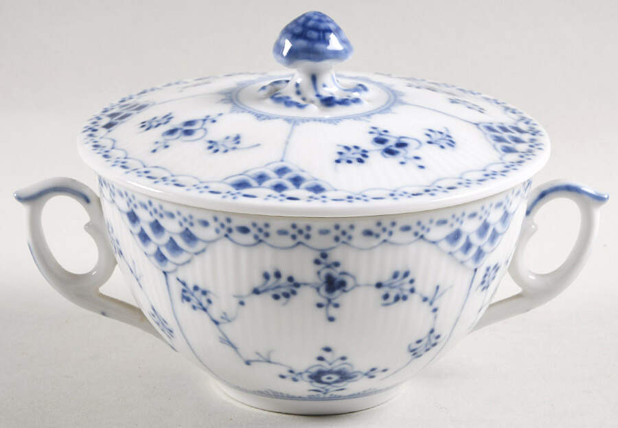 Blue Fluted Half Lace Border (No Trim) Flat Cream Soup Bowl & Lid Set by Royal Copenhagen-1