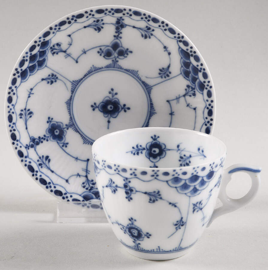 Blue Fluted Half Lace Border (No Trim) Flat Demitasse Cup & Saucer Set by Royal Copenhagen-1