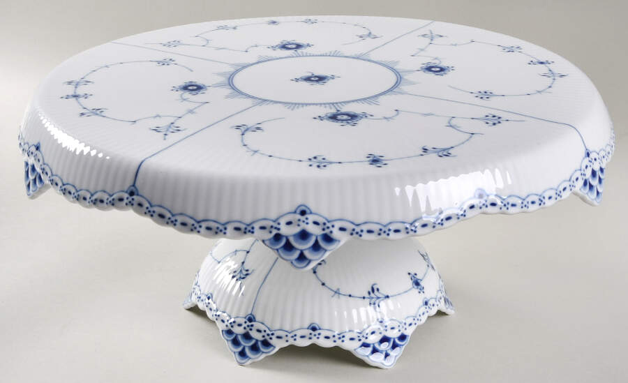 Blue Fluted Half Lace Border (No Trim) 12" Diameter Pedestal Cake Stand by Royal Copenhagen-1