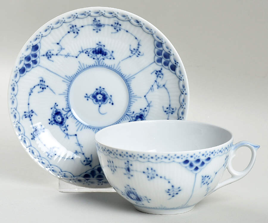 Blue Fluted Half Lace Border (No Trim) Flat Cup & Saucer Set by Royal Copenhagen-1