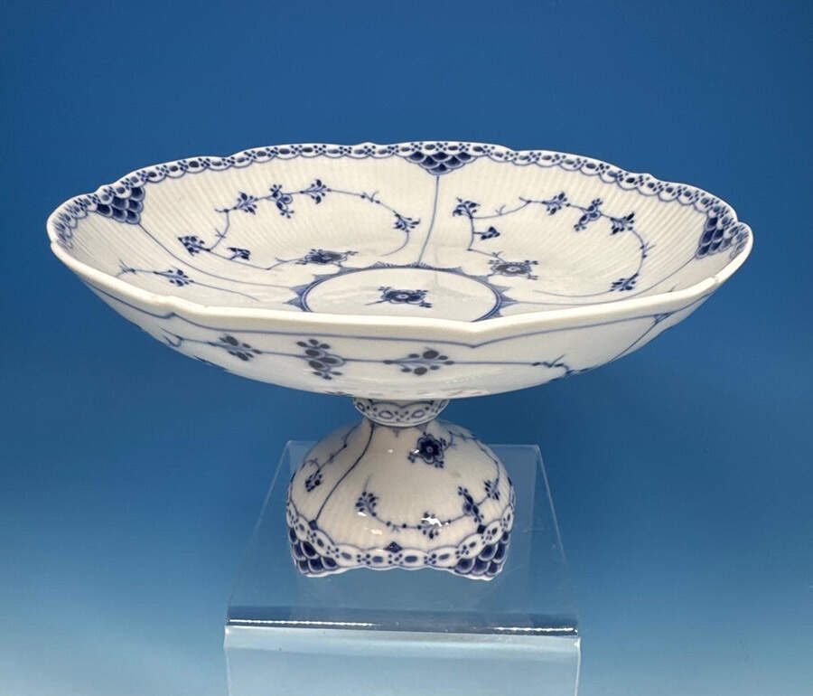 Blue Fluted Half Lace Border (No Trim) 9" Diameter Pedestal Cake Stand by Royal Copenhagen-1