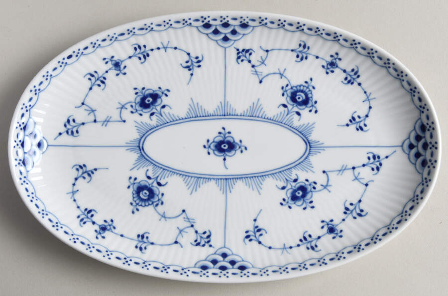 Blue Fluted Half Lace Border (No Trim) 9" Oval Serving Platter by Royal Copenhagen-1